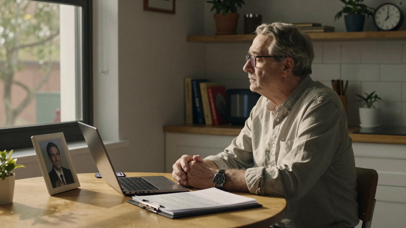 Älterer Mann sitzt nachdenklich an einem Tisch mit Laptop, Foto und Schreibunterlagen in heller Küche.