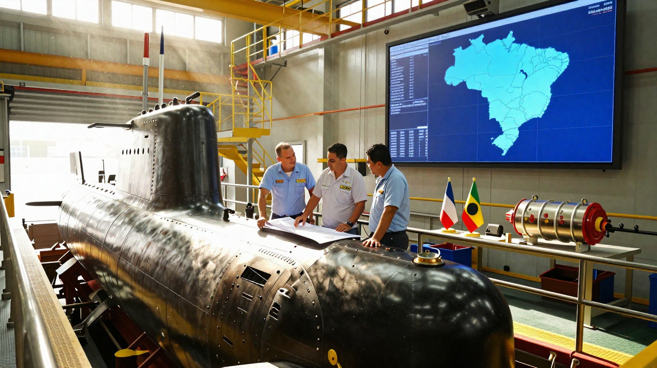 Drei Männer in Uniform besprechen Pläne an einem U-Boot in einer Werkhalle mit Brasilien-Karte an der Wand.
