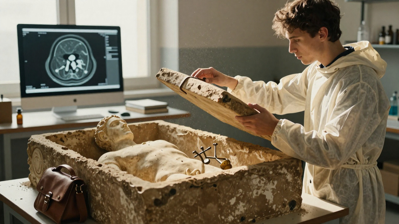 Junger Forscher untersucht eine historische Steinsarkophag-Skulptur in einem Laborraum mit CT-Scan am Bildschirm.