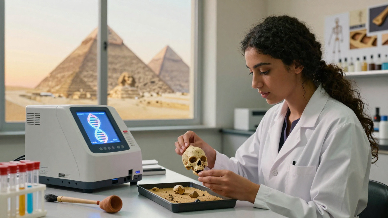 Wissenschaftlerin untersucht in Labor kleines menschliches Schädelmodell mit Pyramiden und Sphinx im Hintergrund.