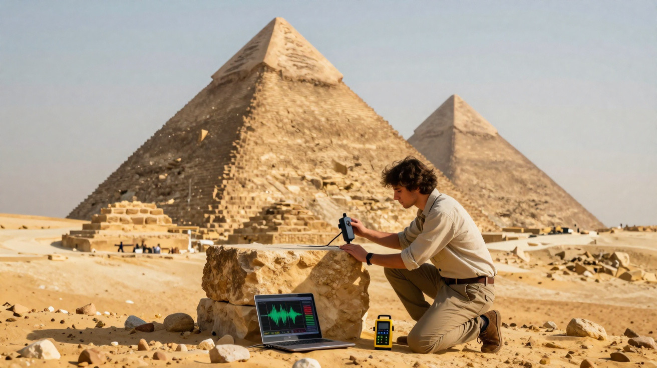 Mann mit Messgerät und Laptop untersucht Felsen vor den Pyramiden in der Wüste bei klarem Himmel.