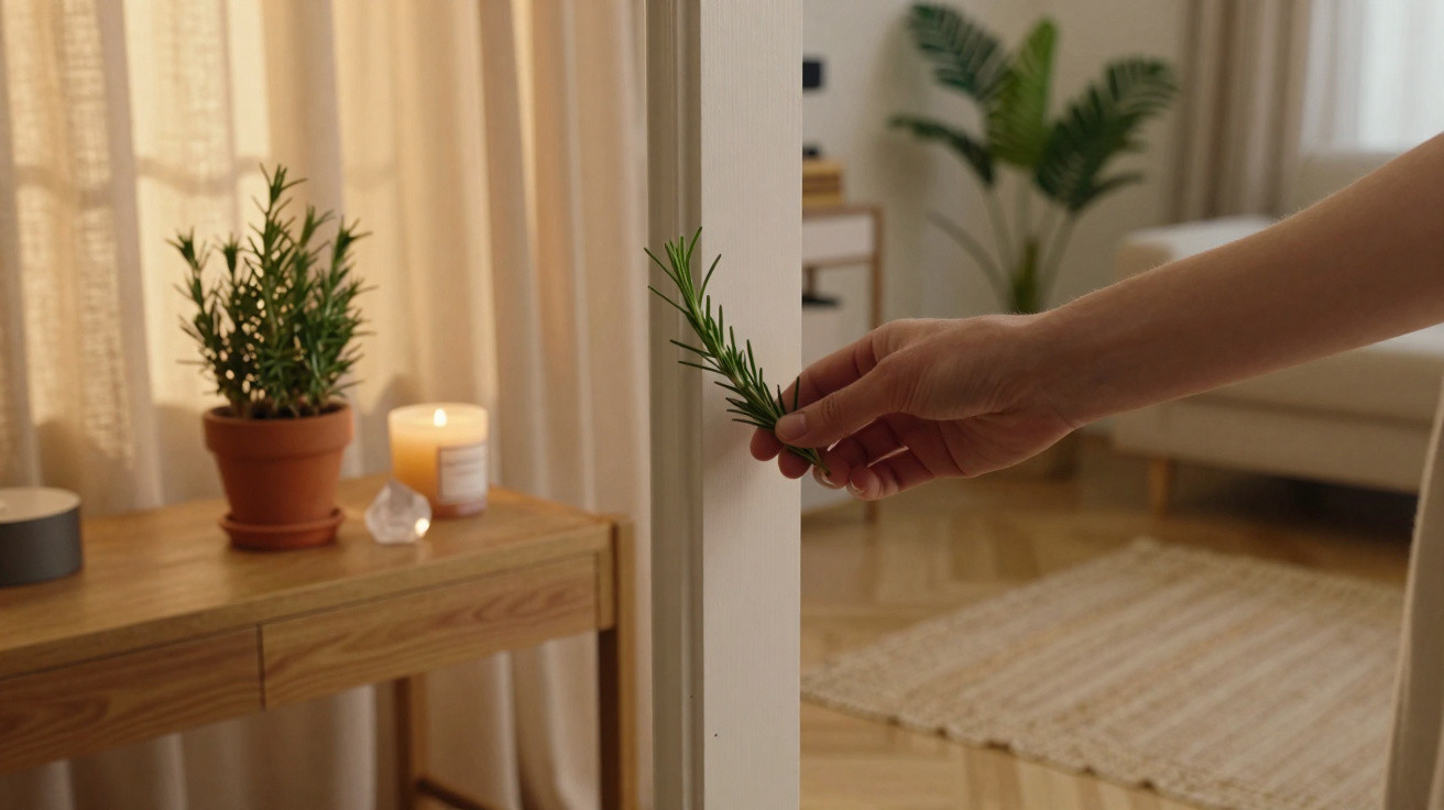 Hand hält Rosmarinzweig an Türgriff in warm eingerichteter Wohnung mit Kerze und Pflanze auf Holztisch.