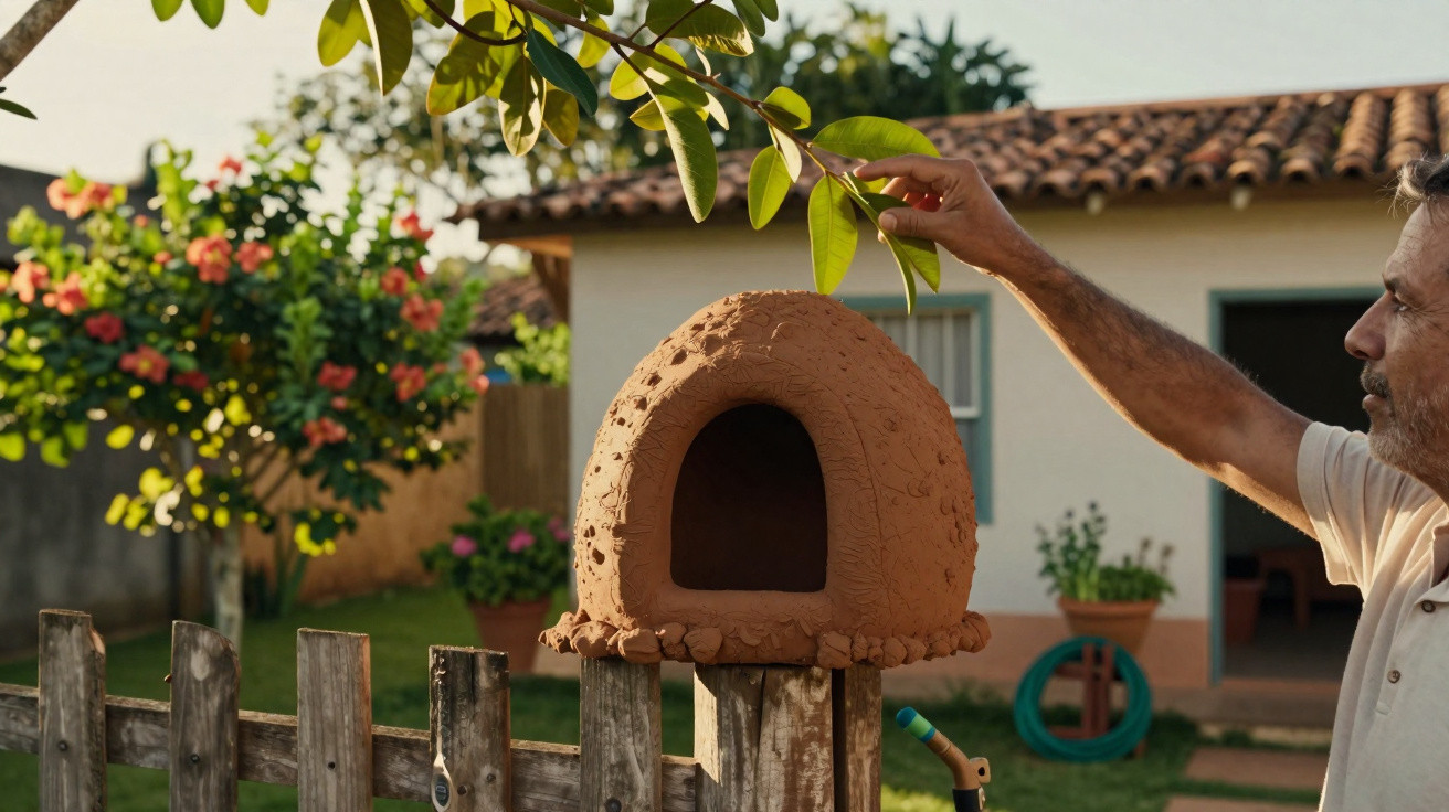 Mann berührt Blätter über einem kleinen Lehmofen auf einem Gartenzaun vor einem Haus.