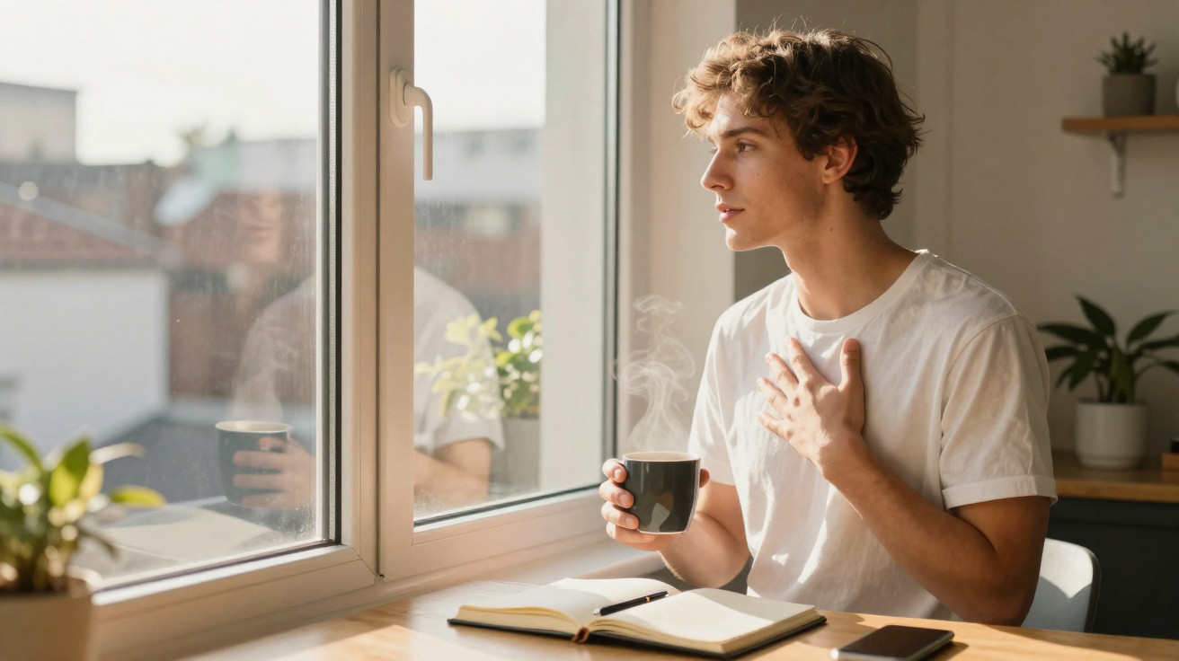 Junger Mann sitzt am Fenster, hält dampfende Tasse und blickt nachdenklich, offenes Notizbuch vor ihm.