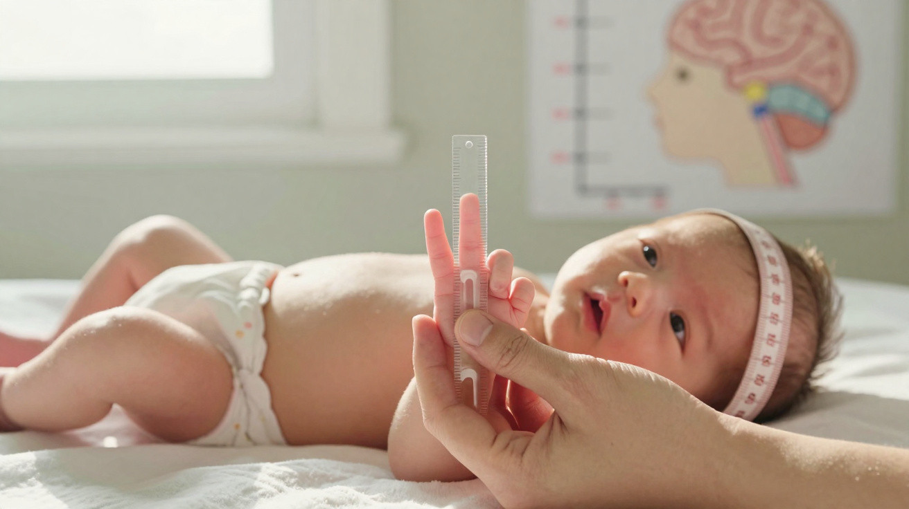Neugeborenes Baby wird mit einem Messlineal für Wachstumsmessung am Finger vermessen.