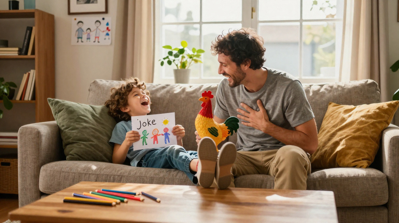 Vater und Sohn lachen zusammen auf dem Sofa, Sohn hält ein gemaltes Bild mit dem Wort „joke“.